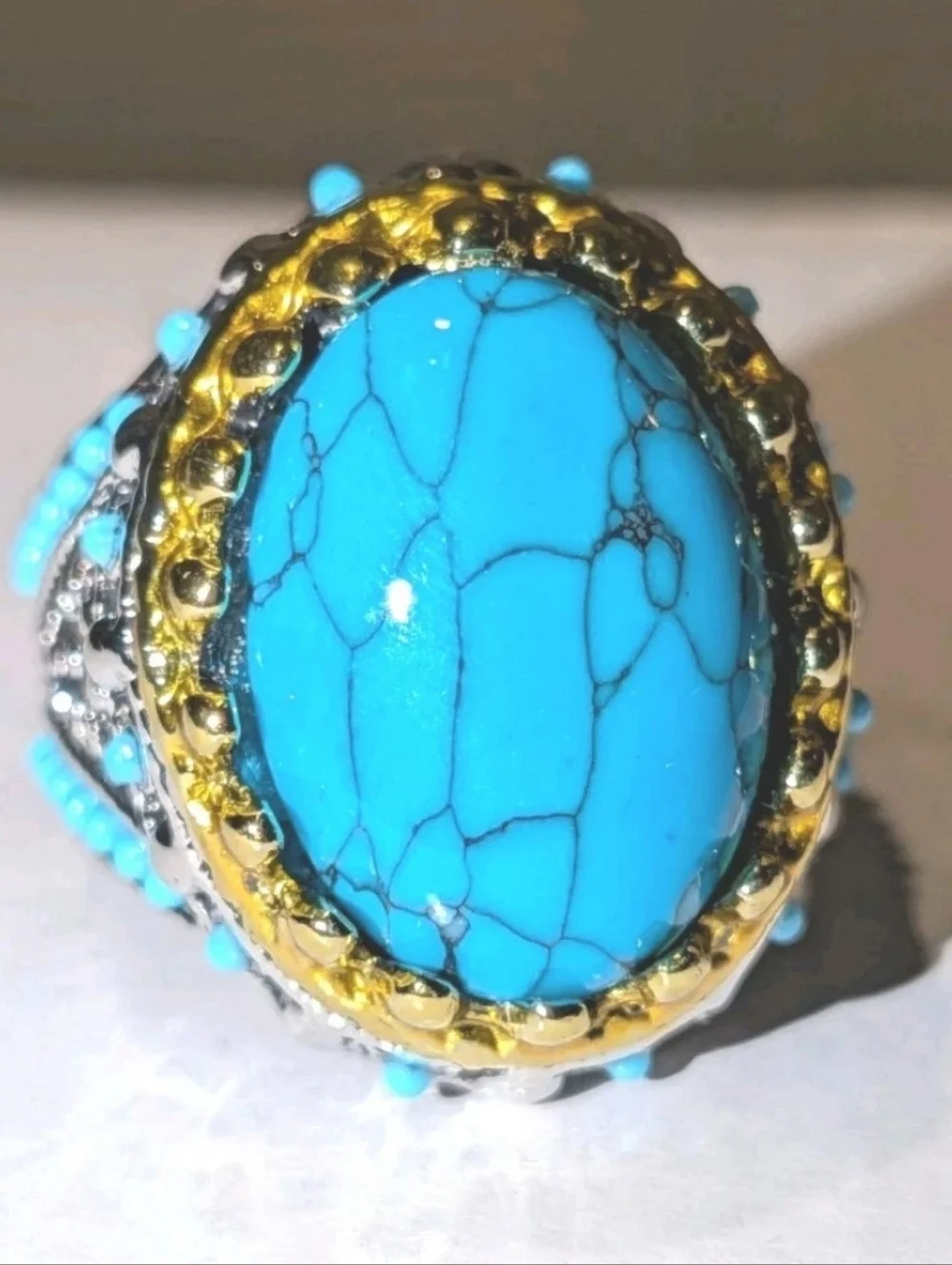 Retro Punk Style Ring Simulated Turquoise Two Tone Polished Statement Band Ring